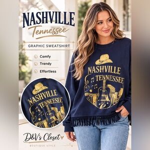 Nashville Tennessee Graphic Sweatshirt Fringe Hem Western Country Music Pullover
